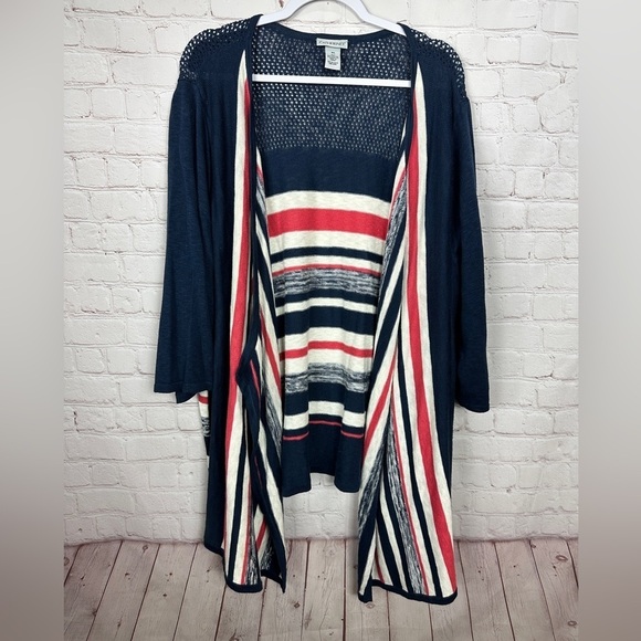 Catherines Cardigan Sweater Size 3X Open Front Half Sleeve Knit Blue striped - Picture 1 of 4